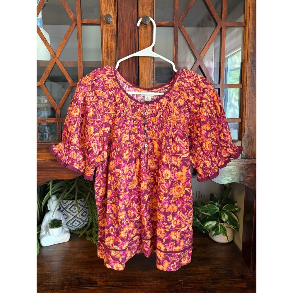 Sundance Floral Smocked Cotton Blouse Orange Purple Boho Peasant Top Medium‎
